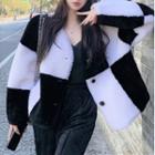 Two-tone Single-breasted Fleece Jacket Black & White - One Size