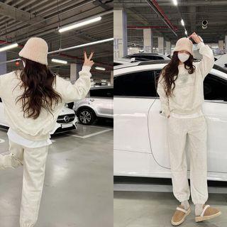 Set: Fleece-lined Letter Sweatshirt + Jogger Pants Oatmeal - One Size