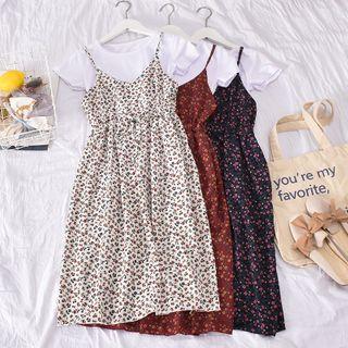 Plain Short-sleeve T-shirt / Flower Print Pinafore Dress