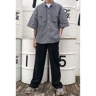 Tie-neck Gingham Elbow-sleeve Shirt