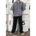 Tie-neck Gingham Elbow-sleeve Shirt