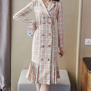 Double Breasted Plaid Long-sleeve Midi Dress