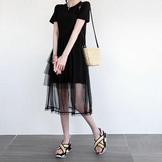 Tulle-overlay T-shirt Dress