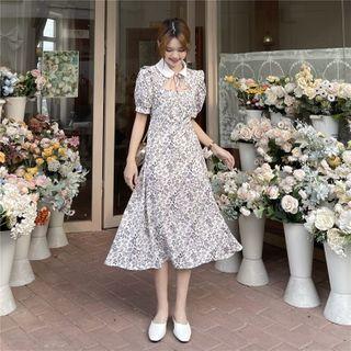 Puff-sleeve Collared Cutout Midi A-line Dress