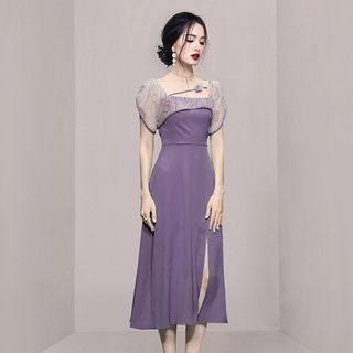 Mock Two-piece Puff-sleeve Floral Embroidered Midi Dress