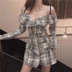 Plaid Long-sleeve Cold Shoulder Mini Dress