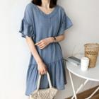 V-neck Short-sleeve Denim Dress Blue - One Size