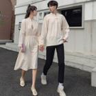 Couple Matching Long-sleeve Cheongsam Top / Pants / Long-sleeve Floral Embroidered A-line Dress