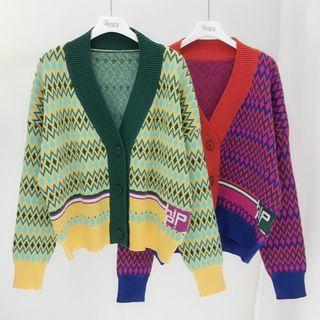 V-neck Color Block Pattern Cardigan