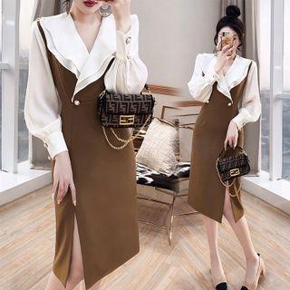 Long-sleeve Sailor Collar Slit Midi Sheath Dress