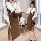 Long-sleeve Sailor Collar Slit Midi Sheath Dress
