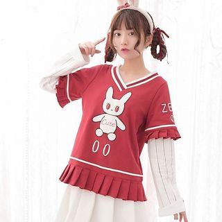 Rabbit Embroidered Striped Panel Pullover