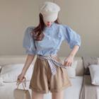 Elbow-sleeve Frill Trim Blouse / High-waist Shorts