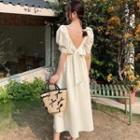 Puff-sleeve Open-back Ribbon A-line Dress