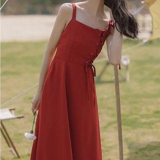 Spaghetti-strap Lace-up Midi A-line Dress / Cardigan