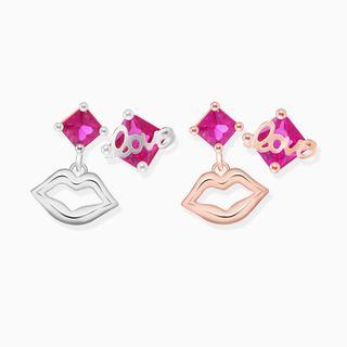 Non-matching 925 Sterling Silver Lips Love Lettering Rhinestone Dangle Earring