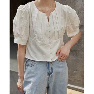 Puff-sleeve Button-up Top