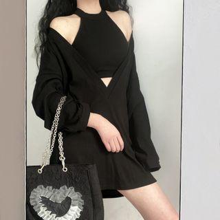Halter Crop Camisole Top / Long-sleeve Mini Dress / Shorts / Set