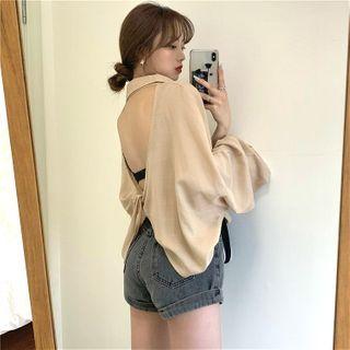 Plain Open-back Long-sleeve Loose-fit Blouse