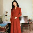 Embroidered Long-sleeve Midi Collared Dress