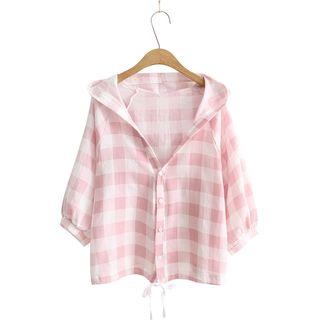 Hooded Check Elbow-sleeve Shirt