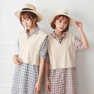 Set: Plaid Short-sleeve Shirt Dress + V-neck Vest