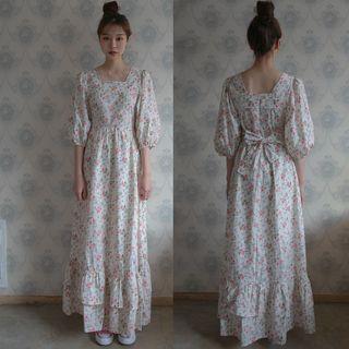 Floral 3/4-sleeve Maxi A-line Dress Dress - Floral - One Size