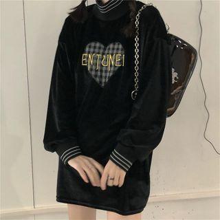 Long Sleeve Embroidered Velvet Dress Black - One Size