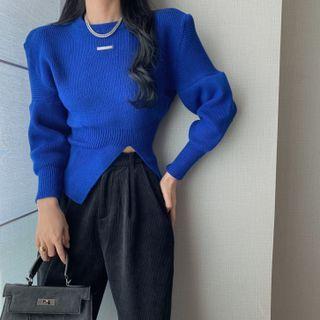 Puff-sleeve Slit Knit Top