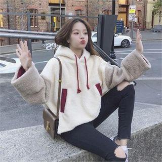 Hooded Color-block Fleece Pullover Beige - One Size