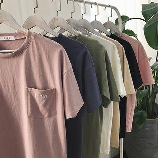Lettering Embroidered Short-sleeve Pocket T-shirt