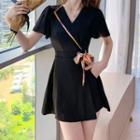 Set: Flutter Sleeve V-neck Mini Wrapped A-line Dress + Plain Hot Pants