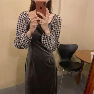 Gingham Panel Long-sleeve Midi A-line Velvet Dress