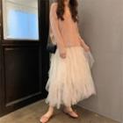 V-neck Cardigan / Layered Maxi Mesh Skirt
