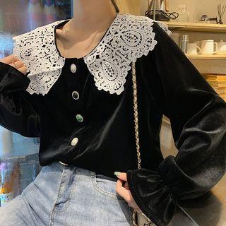 Long-sleeve Lace Peter Pan Collar Blouse Black - One Size