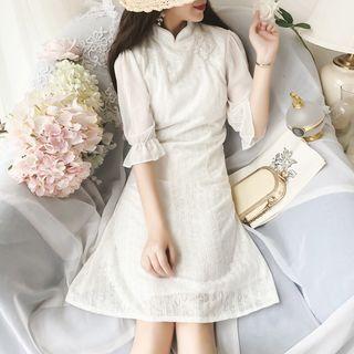 Mandarin Collar Elbow-sleeve Lace A-line Dress