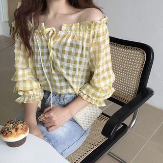 Off-shoulder Checked 3/4-sleeve Casual Top