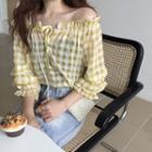 Off-shoulder Checked 3/4-sleeve Casual Top
