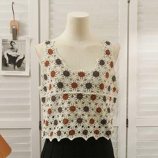 Eyelet Loose Crop Tank Top Almond - One Size