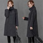 Turtle-neck Pocket-detail Long Top Dark Gray - One Size