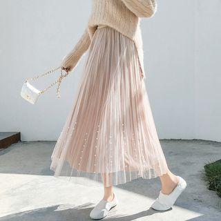Beaded Midi Mesh-overlay A-line Skirt