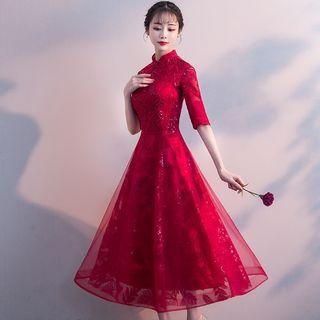 Elbow-sleeve Embroidered Prom Dress