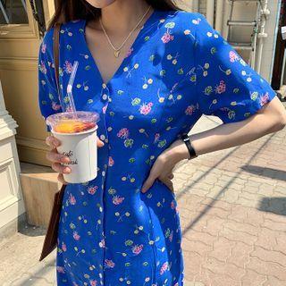 Buttoned Floral Long Dress Blue - One Size