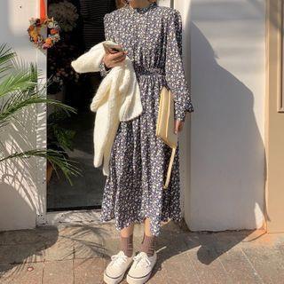 Long-sleeve Flower Print Midi A-line Dress White Floral - Black - One Size