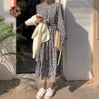 Long-sleeve Flower Print Midi A-line Dress White Floral - Black - One Size