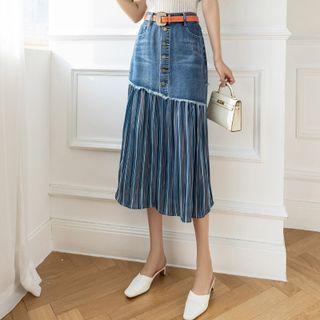 Striped Panel Denim Pencil Skirt