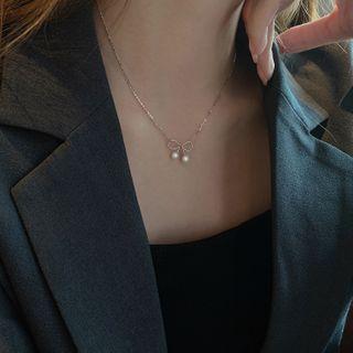 Faux Pearl Bow Necklace S925 Silver - Bow - One Size