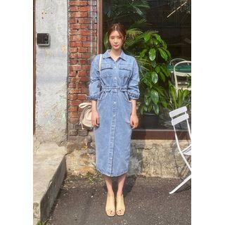 Tab-waist Denim Long Shirtdress Light Blue - One Size