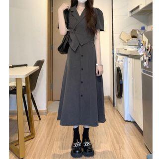 Short-sleeve Asymmetrical Blouse / Button-up Midi A-line Skirt