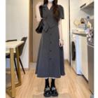 Short-sleeve Asymmetrical Blouse / Button-up Midi A-line Skirt